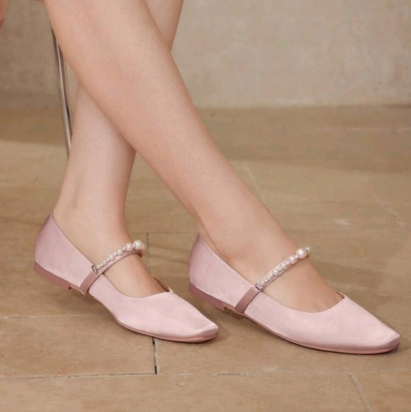 WOMEN ELEGANT FAUX PEARL BEADED SQUARE TOE FLATS SPRING SHOES SPRING